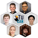 Honeycomb portraits of the six-member TuCAN team. In the centre is the project's logo.