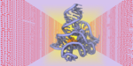 Grey, three-dimensional molecule model surrounded by red RNA sequences.