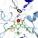 Zu sehen ist eine dreidimensionale Darstellung des aktiven Zentrums des Enzyms aus Geobacter.