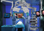 Beispielhafte Darstellung einer Operation im Operationssaal mit Unterstützung moderner Medizintechnik.