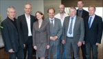 Group photo taken in the life sciences research building at the University of Ulm. The photo shows the founders of the UPEP - Ulm Centre for Peptide Pharmaceuticals - together with the University's Dean of the Medical Faculty and the President.