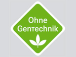 Hellgrünes rautenartiges Schild, auf dem in weiß die Worte "OHNE GENTECHNIK" (oben), sowie eine dreiblättrige Pflanze (unten) abgebildet sind.