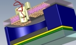 The drawing shows a cuboid structure containing a channel through which a red thread is being fed.