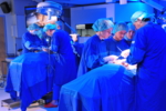 Zu sehen ist ein OP-Saal mit zwei OP-Tischen und medizinischem Personal darum verteilt. Prof. Dr. Alfred Königsrainer und sein Mitarbeiter PD Dr. Silvio Nadalin demonstrieren in der Sectio chirurgica eine Nierentransplantation. Am linken OP-Tisch wird die Nierenexplantation durchgeführt, am rechten die Nierenimplantation.