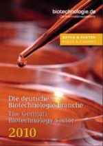 The photo shows the cover of the report: "Die deutsche Biotechnologie-Branche 2010".